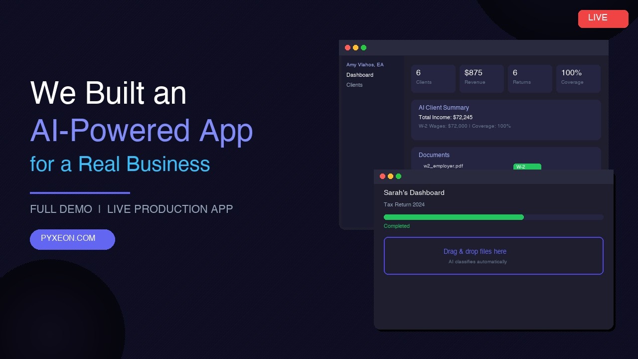 Amy Vlahos's client portal — admin dashboard and a client's tax-return progress